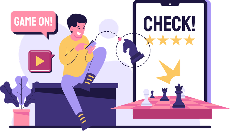 Boy playing chess on smartphone  イラスト
