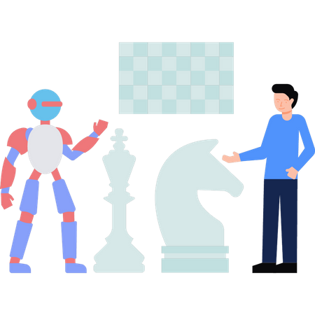 Boy playing chess with robot  Illustration