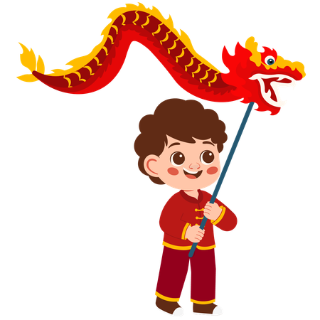 Boy playing dragon dance on lunar new year  Illustration