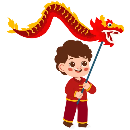 Boy playing dragon dance on lunar new year  Illustration