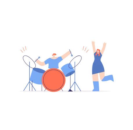 Boy playing drum and girl dancing Illustration