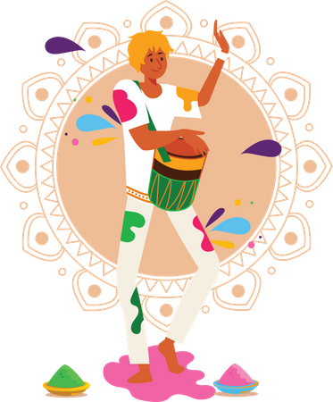 Boy playing drum in holi festival Illustration