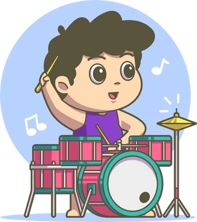 Boy playing drum in music band Illustration