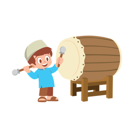 Boy playing drum in ramadan  Illustration