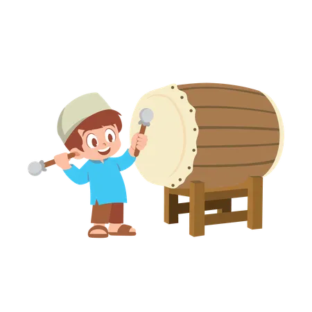 Boy playing drum in ramadan  Illustration