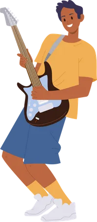 Boy playing electric bass guitar  Illustration