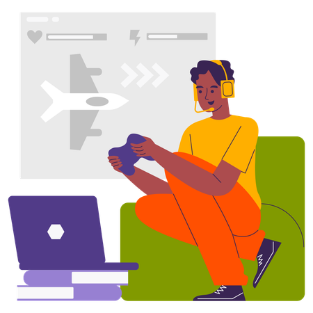 Boy playing flight simulator game on laptop  Illustration