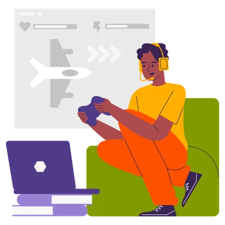 Boy playing flight simulator game on laptop  Illustration