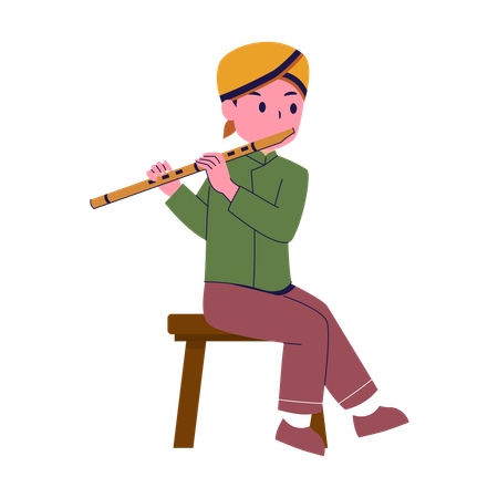 Boy Playing Flute While Sitting  Illustration