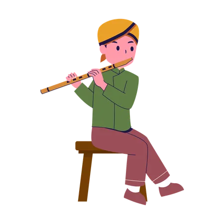 Boy Playing Flute While Sitting  Illustration