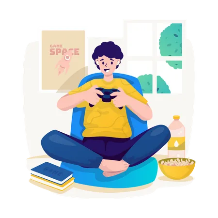 A Young Man Playing Console Video Games Online Flat Illustration Illustration