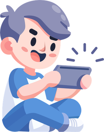 Boy  playing game on tablet intently  Illustration