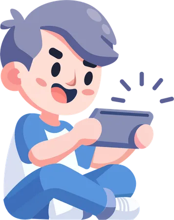 Boy  playing game on tablet intently  Illustration