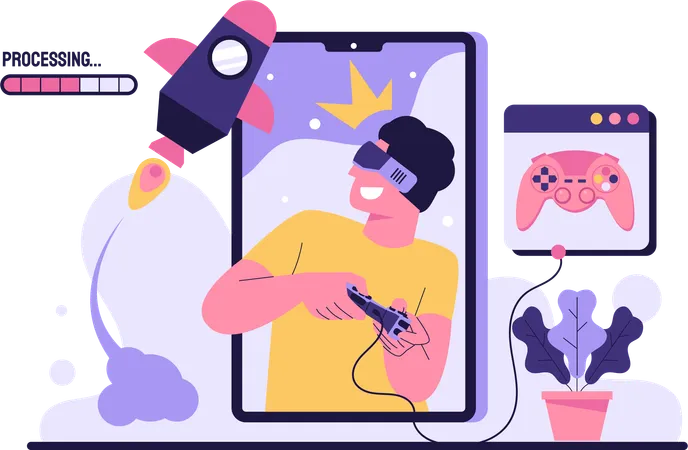 Illustration Of Playing Game Virtual Reality Entering The World Of Fun And Games With Dynamic Flat Illustrations And Colorful Visuals In Keeping With The Dynamic Theme These Illustrations Add A Modern Lively Touch To Your Content Ideal For Gaming Platforms Apps Or Game Promotional Materials Illustration