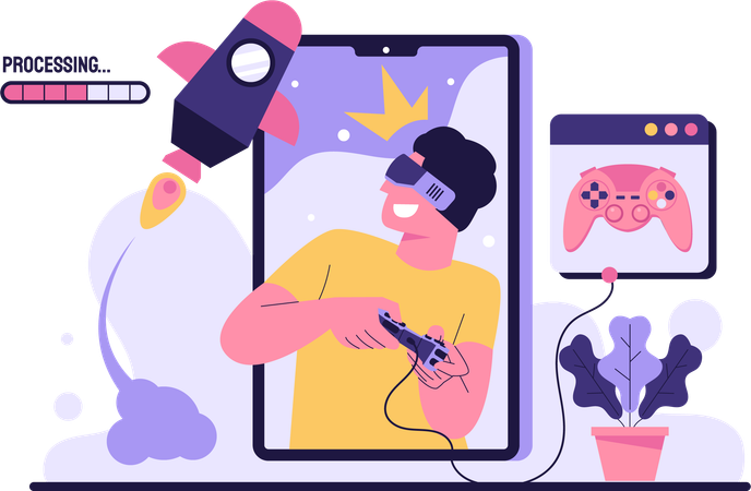 Boy playing game on virtual reality  イラスト
