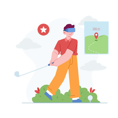 Boy playing golf using VR Tech Illustration