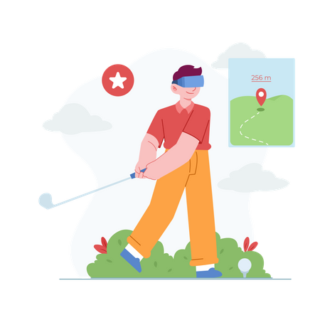 Boy playing golf using VR Tech  Illustration