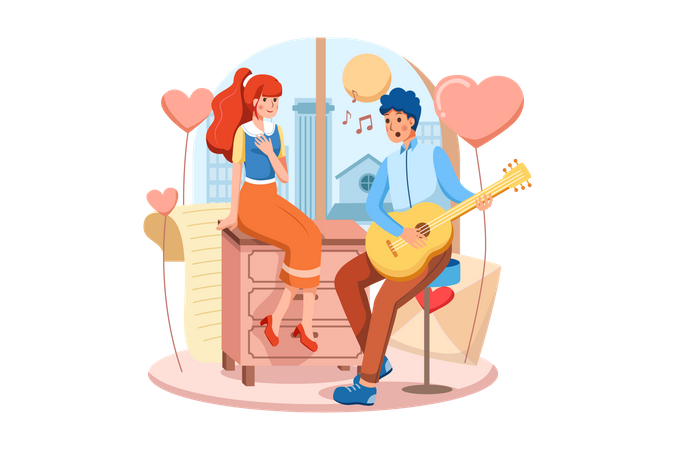 Boy playing guitar and singing a love song to his beautiful girlfriend on valentine day  Illustration