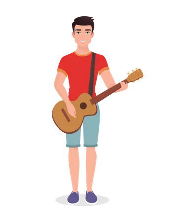 Boy playing guitar at beach  Illustration