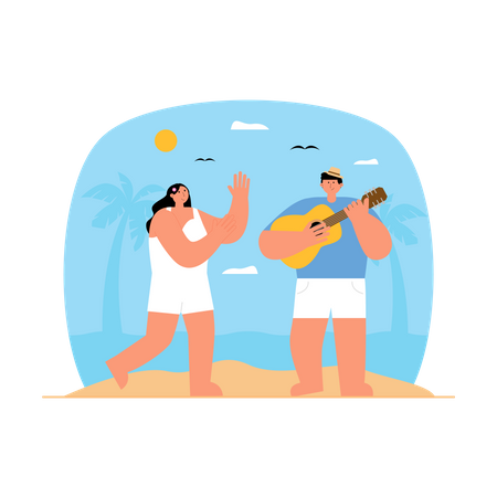 Boy playing guitar at beach for girlfriend  Illustration