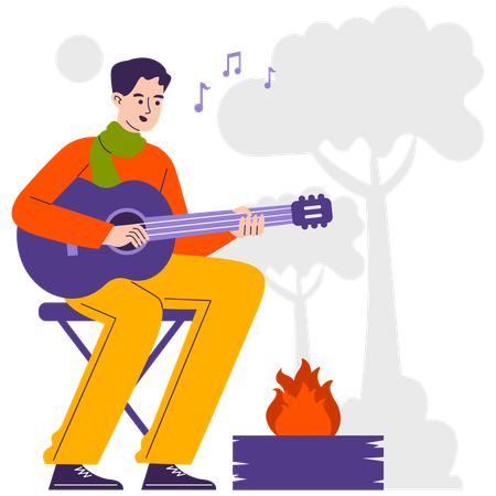 Boy playing guitar at campsite  Illustration