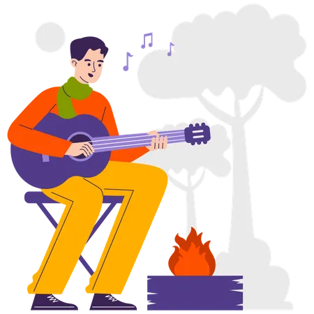 Boy playing guitar at campsite  Illustration