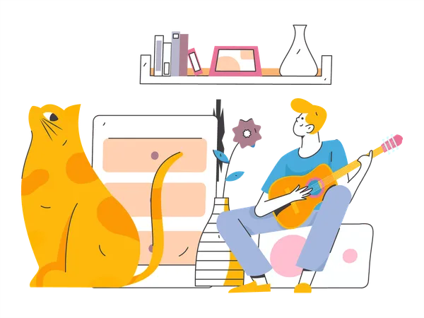 Boy playing guitar at home  Illustration