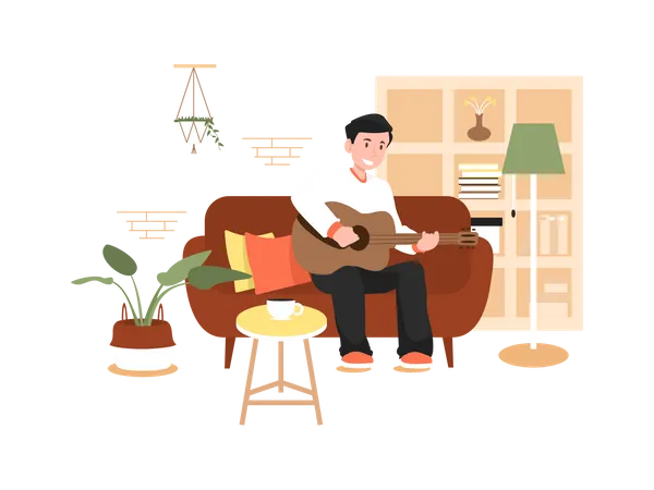 Boy playing guitar at home  Illustration