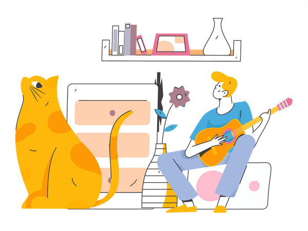 Boy playing guitar at home  Illustration