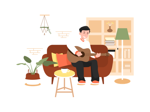 Boy playing guitar at home  Illustration