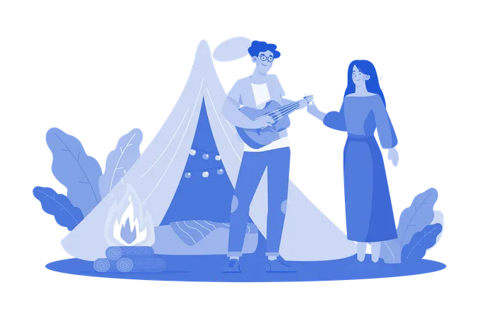 Couple Camping On The Valentines Day Illustration