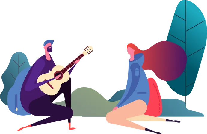 Boy playing guitar for girl  Illustration