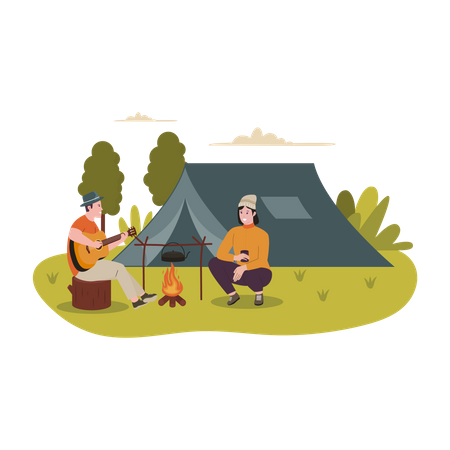 Boy playing guitar for girl while camping Illustration