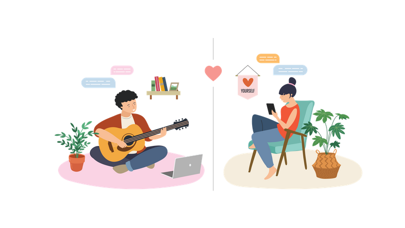 Boy playing guitar for his girlfriend on video call  Illustration