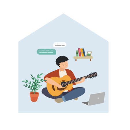 Boy playing guitar for live audience in video streaming Illustration