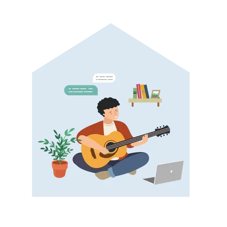 Boy playing guitar for live audience in video streaming  Illustration