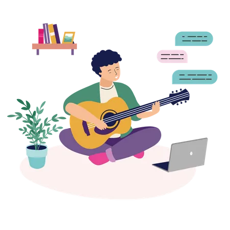 Boy playing guitar for online audience  Illustration