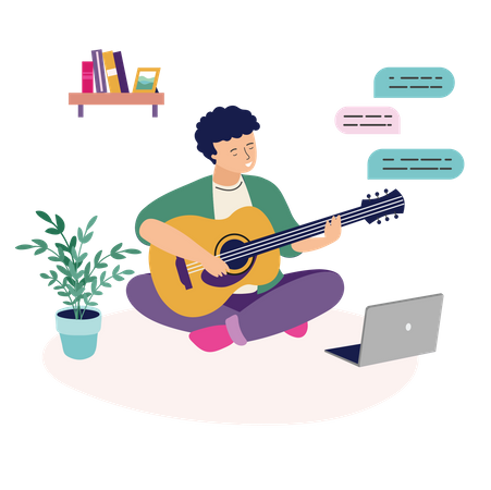 Boy playing guitar for online audience  Illustration