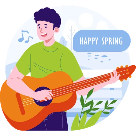 Boy playing guitar in spring in park  Illustration
