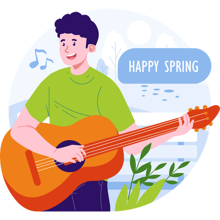 Boy playing guitar in spring in park  Illustration