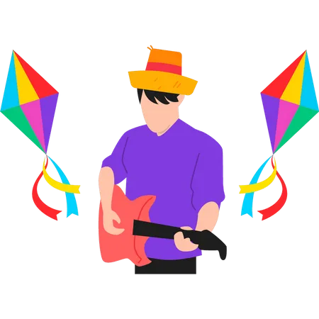 Boy playing guitar on Kite Day  Illustration