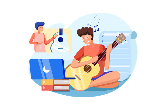 Boy playing guitar on online session with his friend Illustration