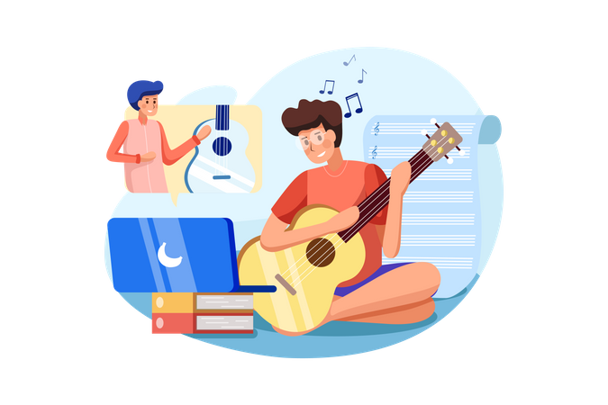 Boy playing guitar on online session with his friend  Illustration