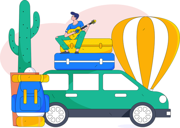 Boy playing guitar on vacation  Illustration