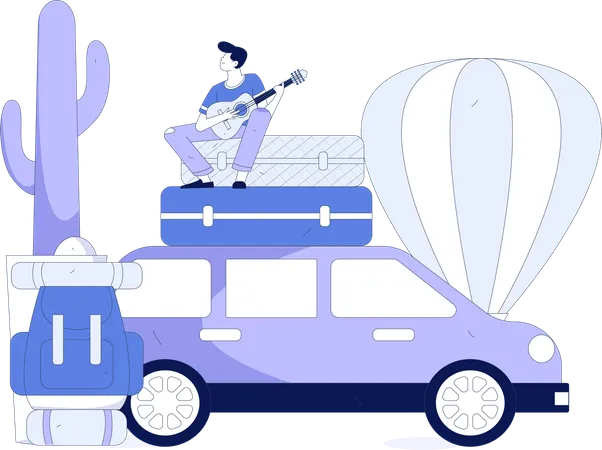 Boy playing guitar on vacation  Illustration