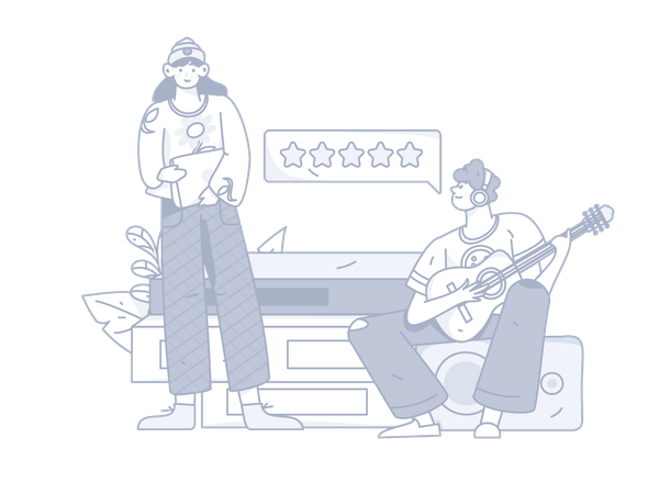 Boy playing guitar while girl holding book  Illustration