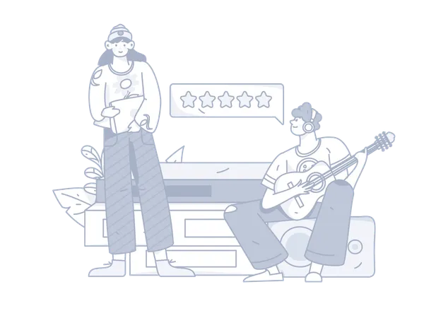 Boy playing guitar while girl holding book  Illustration