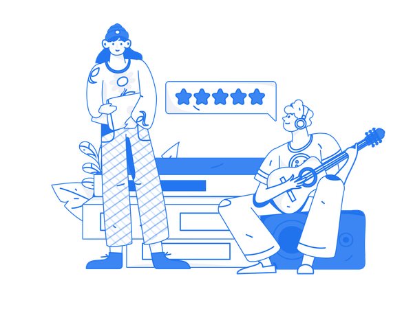 Boy playing guitar while girl holding book  Illustration