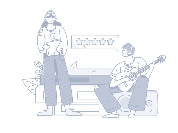 Boy playing guitar while girl holding book  일러스트레이션