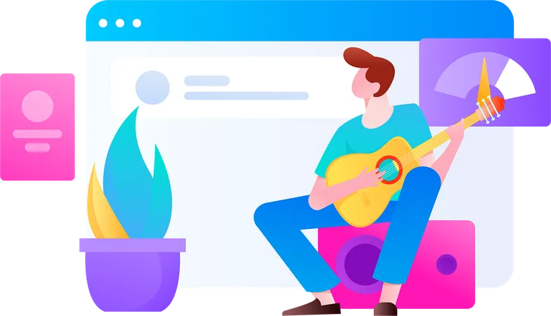 Boy playing guitar while looking online business report  Illustration